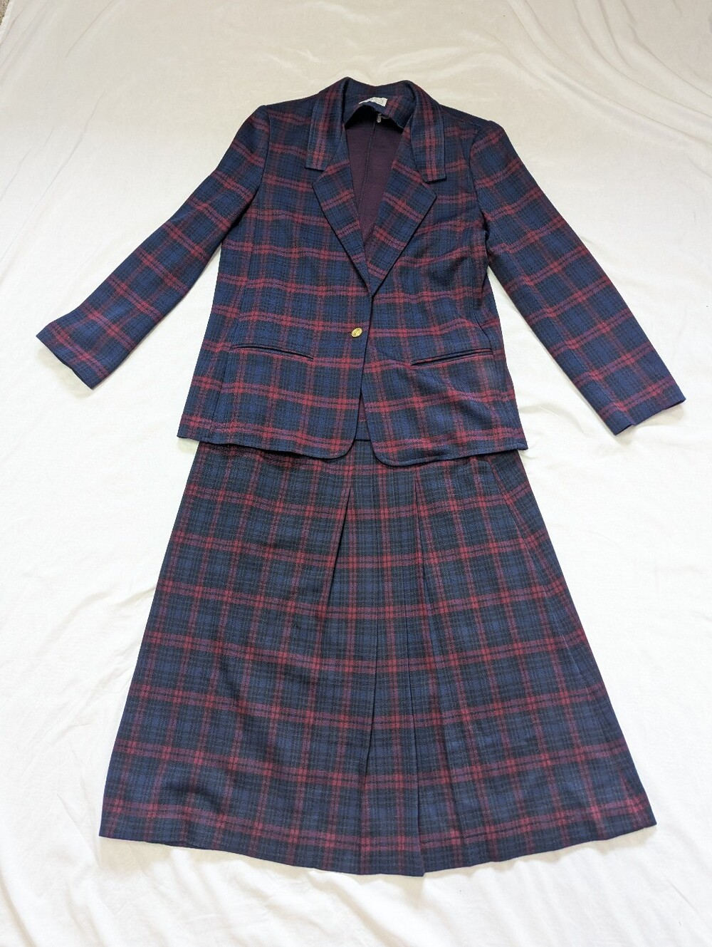 Vtg Navy Red Plaid Preppy Blazer & Pleated Skirt Set Made In USA School Girl SEE